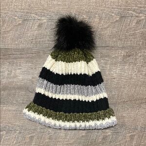 Striped Knit Pom-Pom Beanie - Olive, Black, and Gray